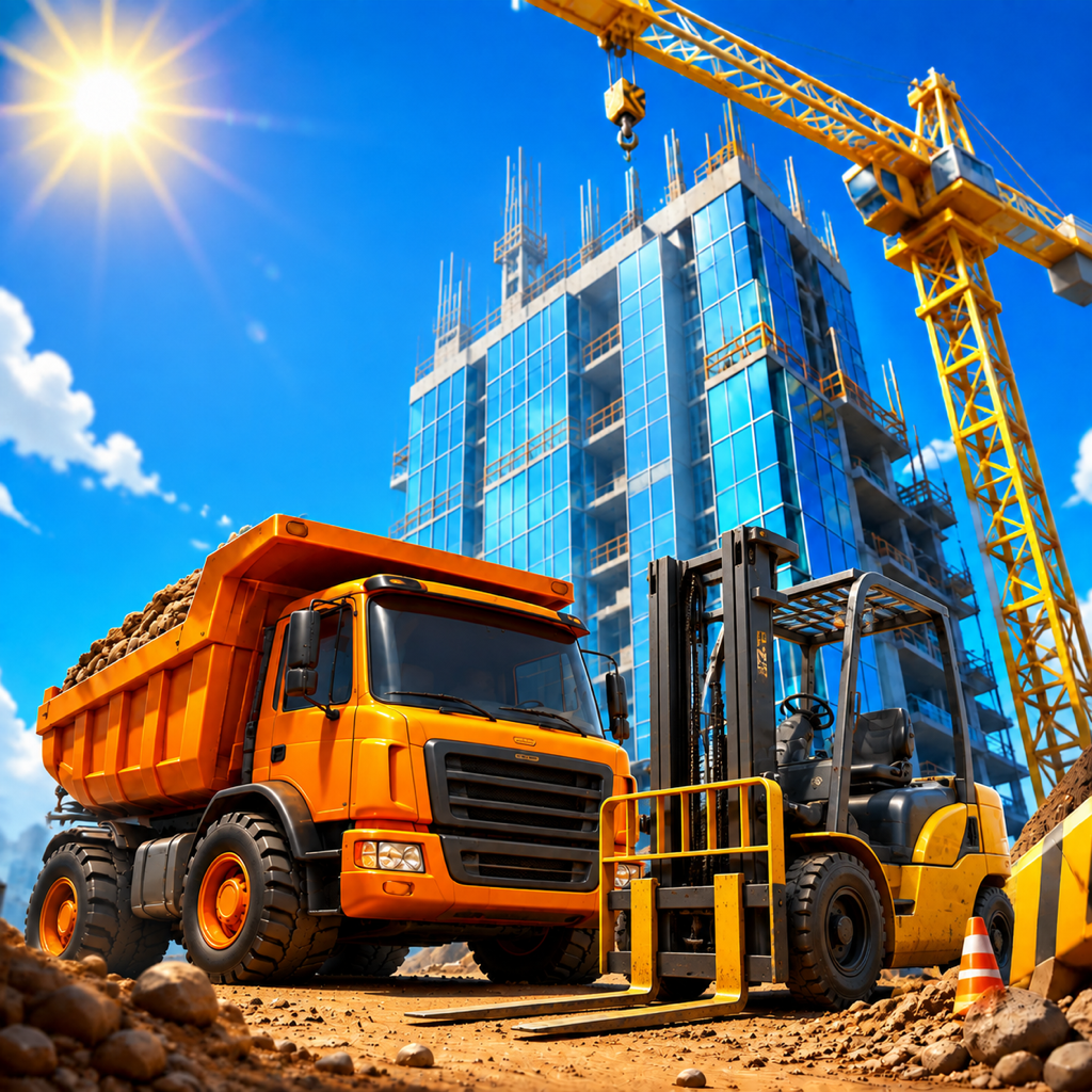 Construction Tycoon: an orange dump truck and yellow forklift beside a skyscraper
