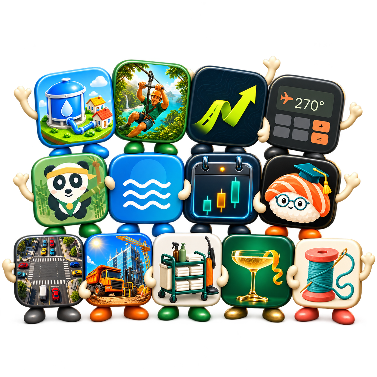 The thirteen InnCommand app icons gathered as a playful family, waving together