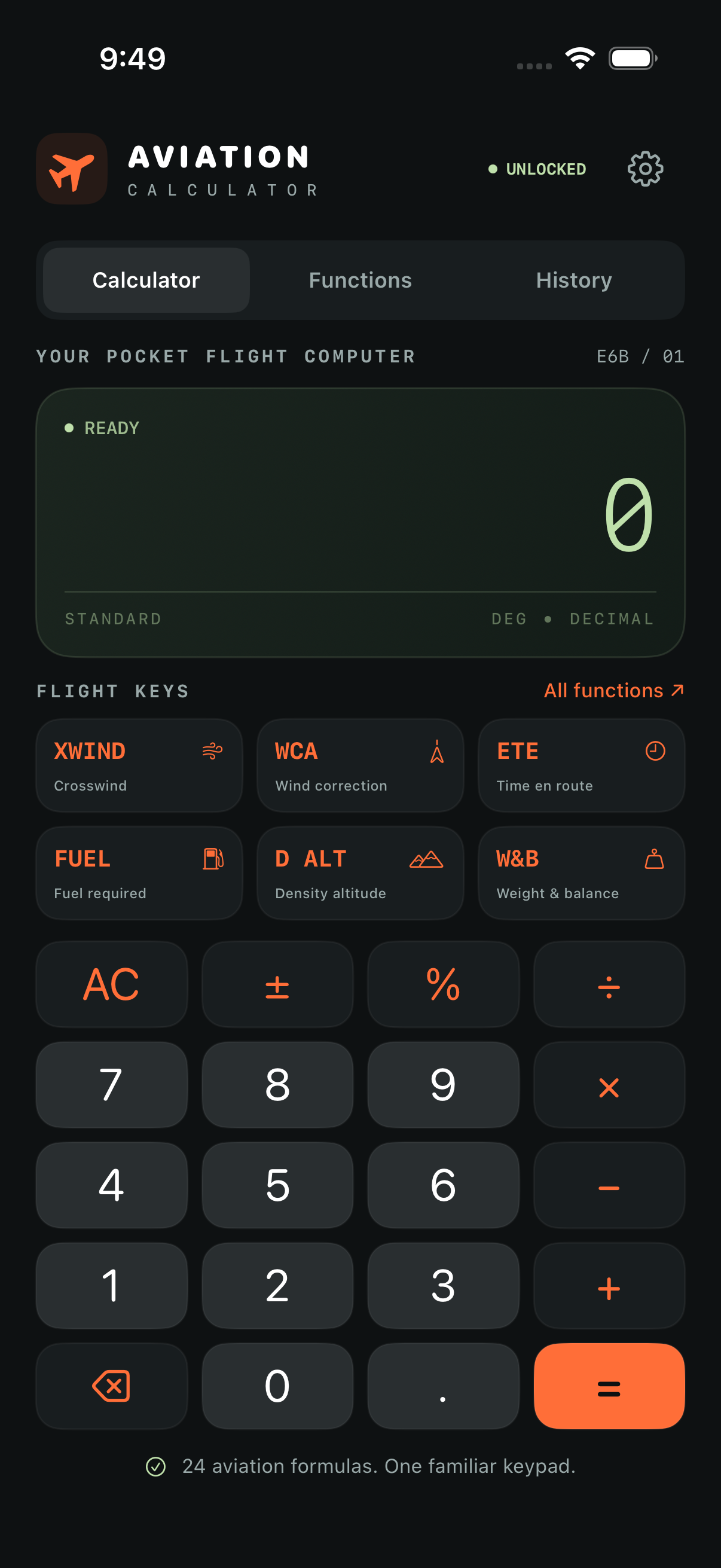 Aviation Calculator showing its green instrument display, dedicated aviation keys and numeric keypad