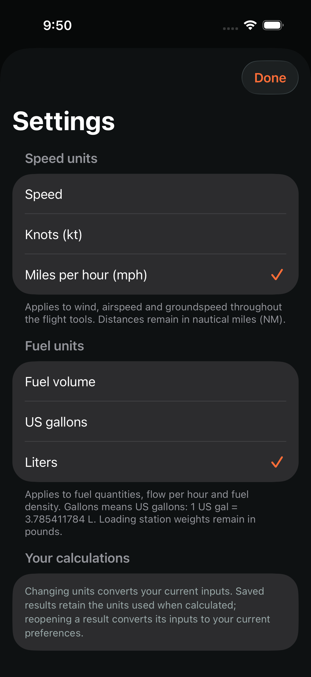Aviation Calculator Settings page with miles per hour and liters selected