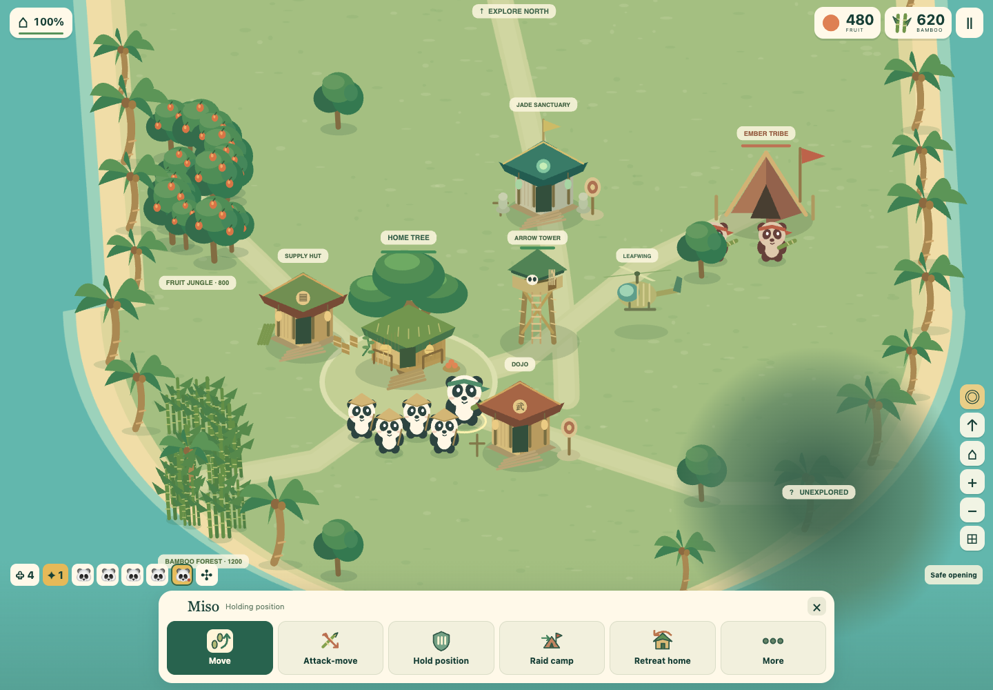 A developed panda village with a home tree, dojo, Jade Sanctuary, arrow tower, and bamboo scout helicopter