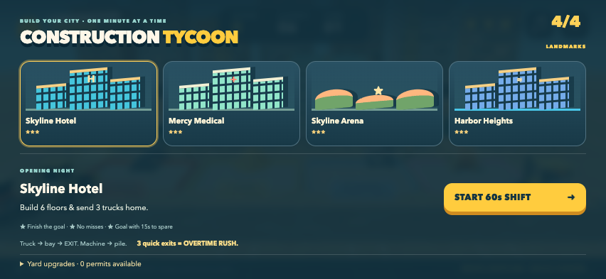 The saved city showing four completed construction landmarks and earned stars.