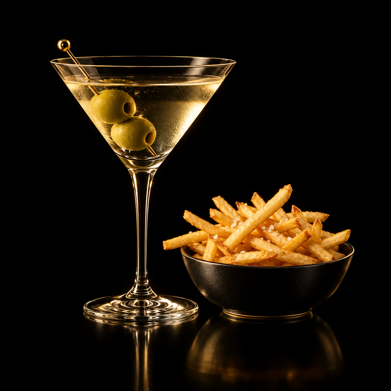 Illustrative gold-lit martini and fries on black