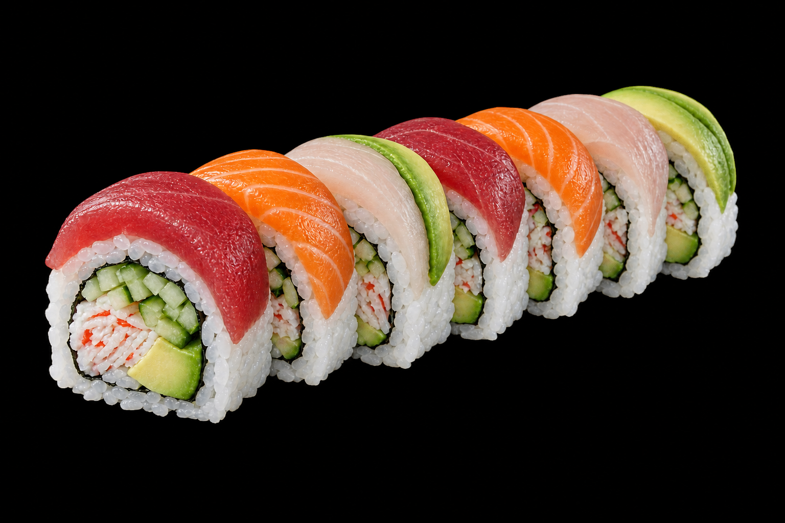 AI-generated rainbow roll with colorful tuna, salmon, white fish and avocado toppings