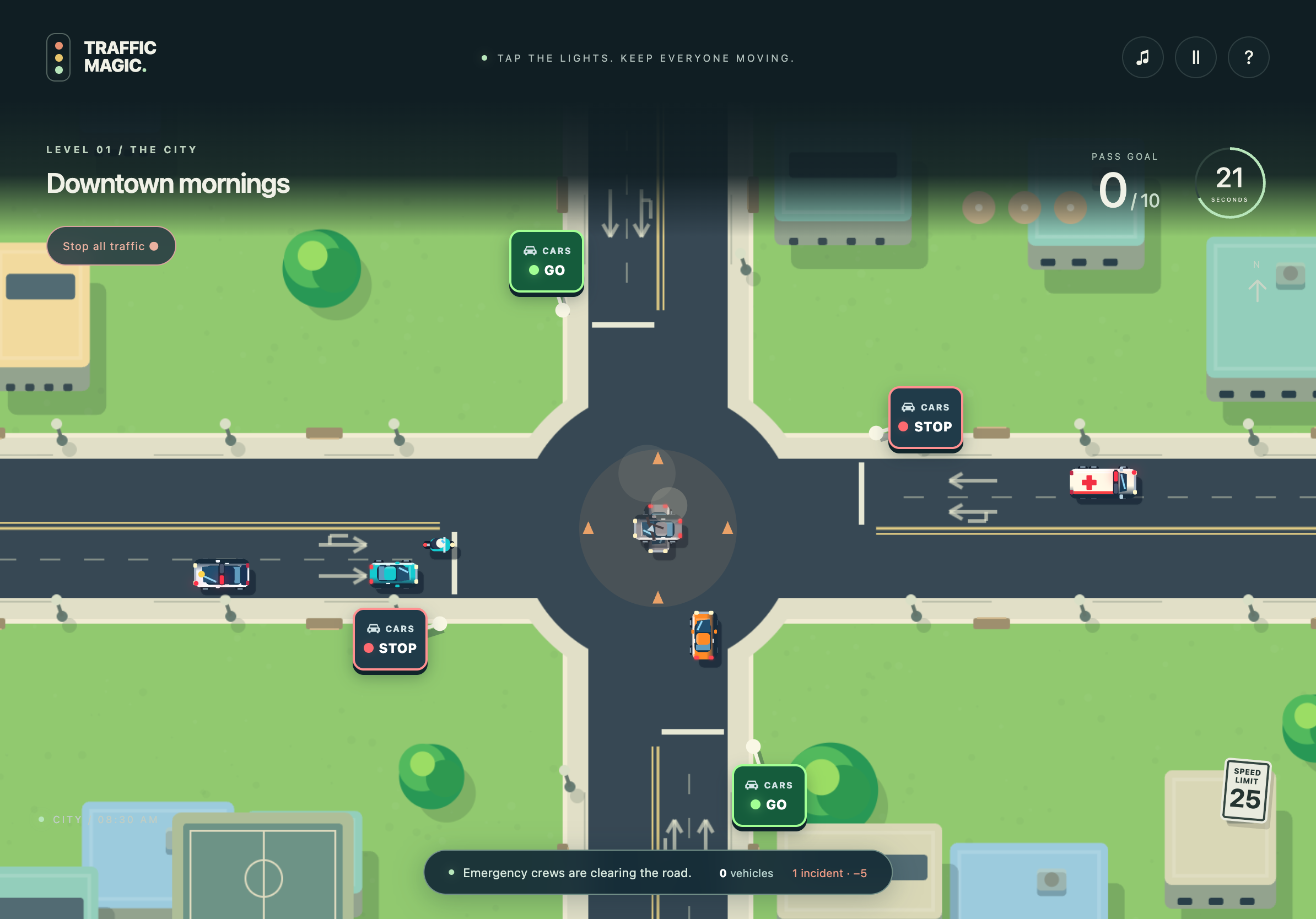 Traffic Magic city intersection with larger detailed vehicles and traffic-light buttons placed at the street corners.