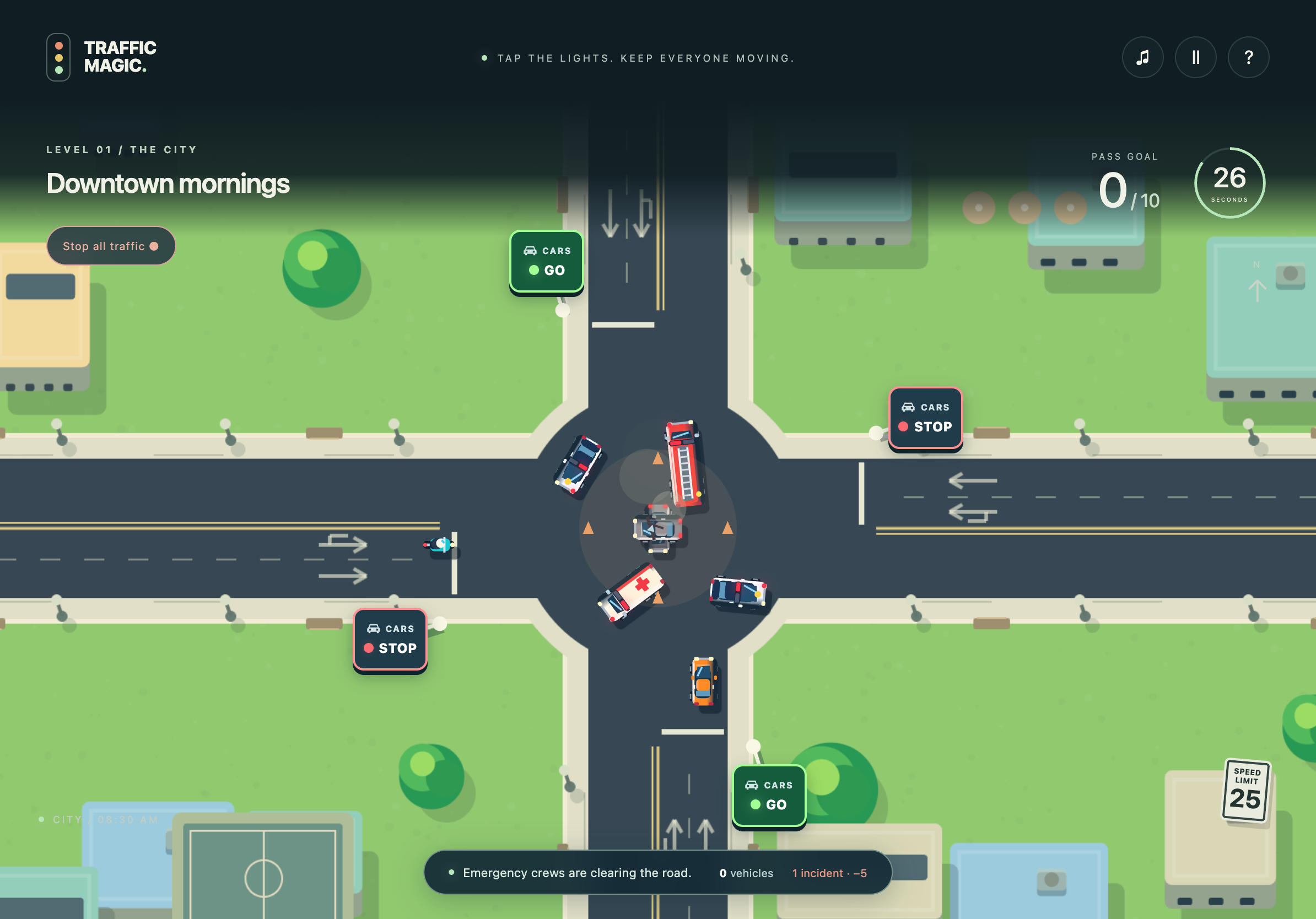 Two police cars, a fire truck with a roof ladder, and an ambulance responding to a crash in Traffic Magic.